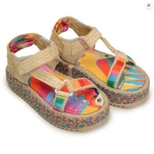 FARM RIO COLORFUL TOUCANS FLATFORM RAFFIA VELCRO SANDAL Size 10